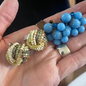 Pair of vintage and beaded clip on earrings blue cream, and gold